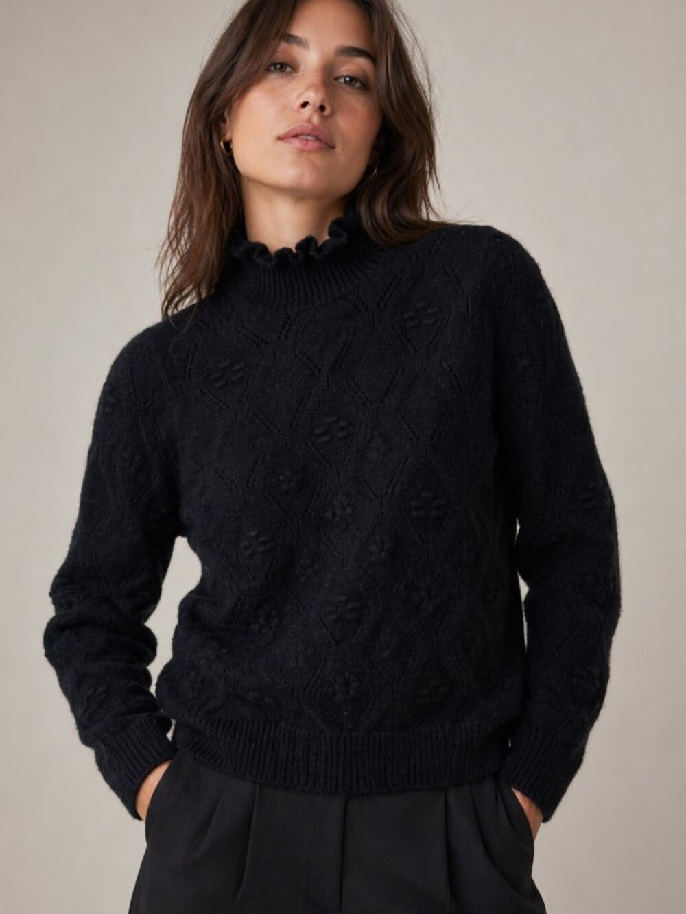 The Cashmere Project Floral Knit Turtleneck Sweater Black Medium